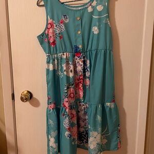 Ladies Teal Floral Sleeveless Casual Dress